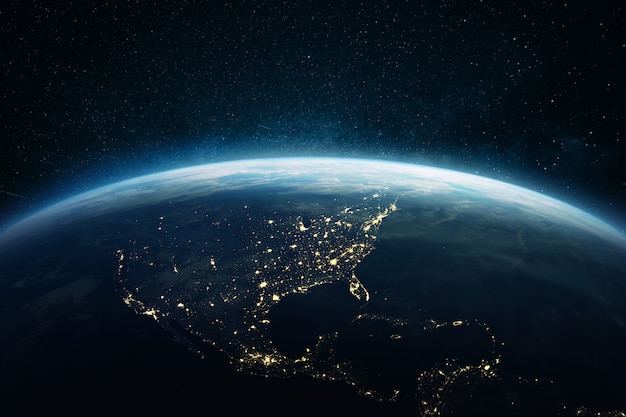 Bellissimo pianeta terra blu con luci di città notturne USA, Sud e Nord America. Vista del pianeta notturno dallo spazio