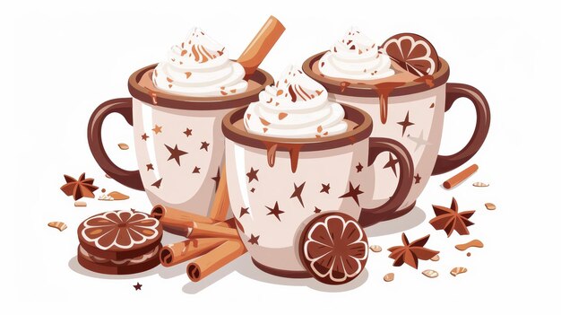 Bevanda invernale con biscotti al cioccolato e panna montata versata in una tazza di cacao caldo Bevanda natalizia dolce e gustosa in un'illustrazione moderna piatta isolata su uno sfondo bianco