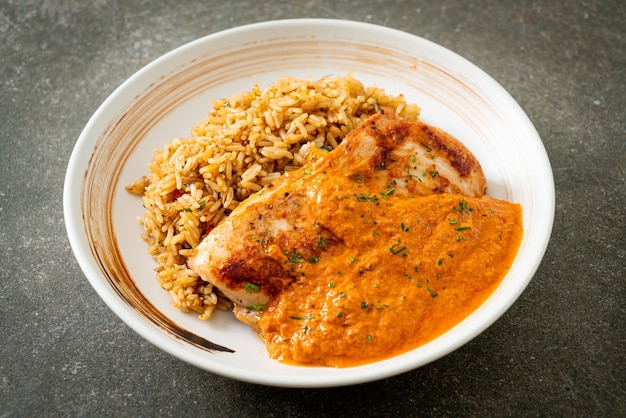 Bistecca di pollo alla griglia con salsa al curry rosso e riso