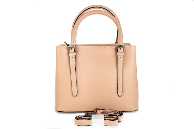 Borsa in pelle beige isolata su sfondo bianco Borsa a mano minimalista