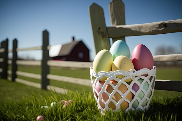 Caccia all'uovo di Pasqua sull'erba verde con cesto di vimini e fienile rosso e recinzione bianca sullo sfondo con intelligenza artificiale generativa