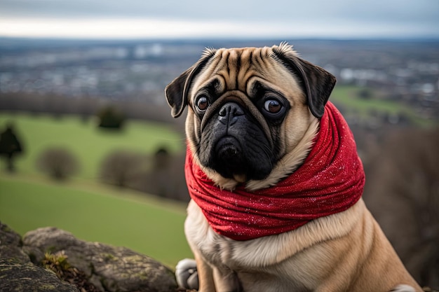 Carlino con vista Simpatico canino in sciarpa accogliente si trova in cima a una collina che domina l'intelligenza artificiale generativa della città