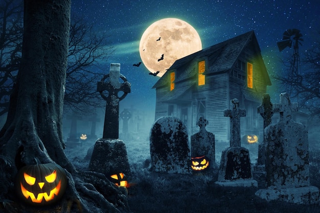 Casa spaventosa abbandonata vicino al cimitero nella foresta con zucche una luna piena pipistrelli e nebbia Zucche nel cimitero nella notte spettrale sullo sfondo di Halloween