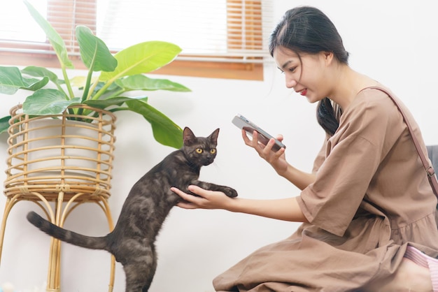 Concetto di amante degli animali Giovane donna asiatica che usa lo smartphone per scattare una foto del gatto in soggiorno