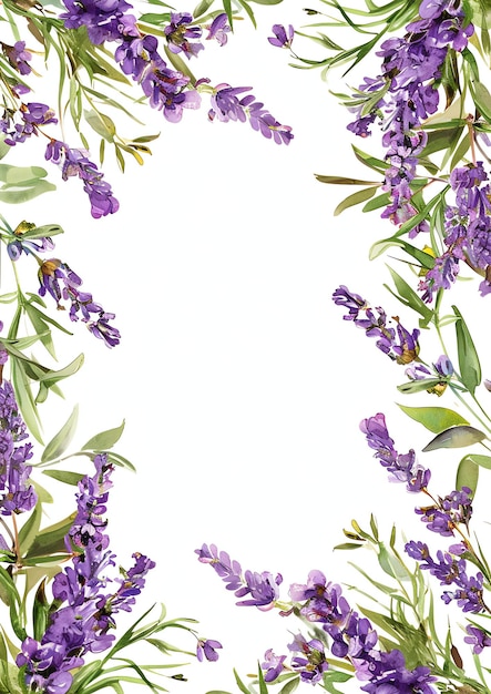 Cornice con fiori e foglie di lavanda per inviti, biglietti di auguri o eventi