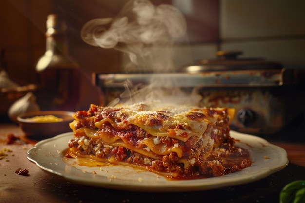 Foto deliziose lasagne casalinghe con ingredienti freschi in una cucina italiana rustica