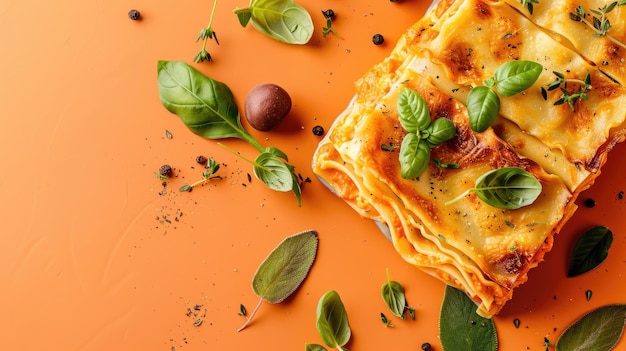 Foto deliziose lasagne marrone dorato con foglie di basilico su uno sfondo arancione