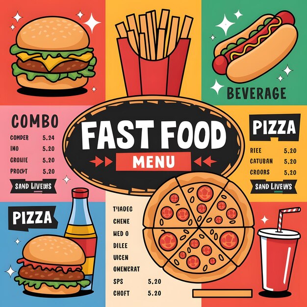 Foto design del menu di un ristorante fast food in stile cartone animato vettoriale