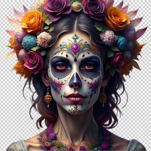 donna con un cranio messicano espressione spaventata La Catrina con rose