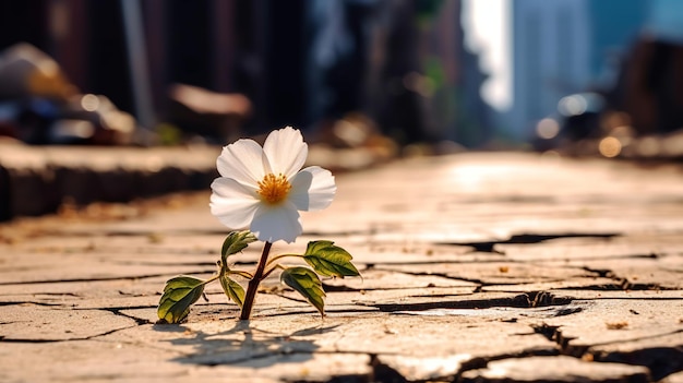 Fiore bianco sul pavimento di cemento con sfondo sfocato della città