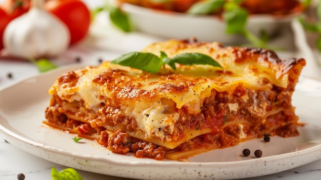 Foto foto di delizioso closeup di lasagna con basilico a guarnizione su sfondo scuro