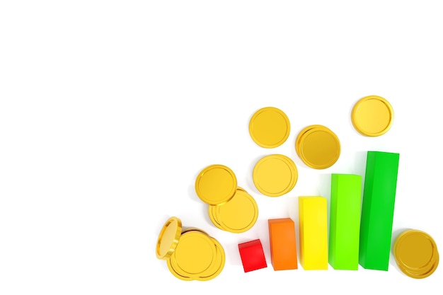 Grafico commerciale o diagramma a barre con pila di monete d'oro vista dall'alto rendering 3d