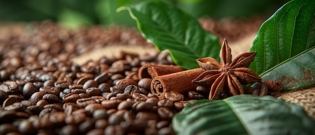 Grani di caffè su un sacco con stelle di cannella e anice