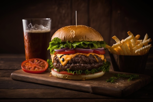 Hamburger classico americano e patatine fritte su un tavolo di legno AI generativo