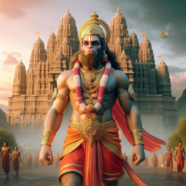 Hanuman Jayanti full body view con stile 3D Hanuman nel castello view modello 3D e realistico