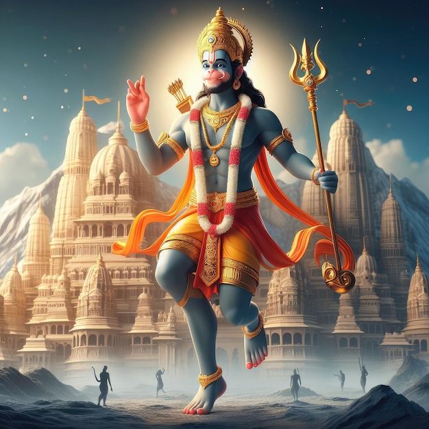 Hanuman Jayanti full body view con stile 3D Hanuman nel castello view modello 3D e realistico