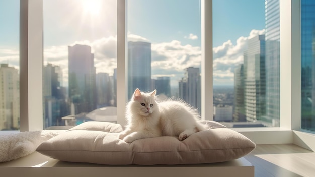 Il gatto persiano bianco si rilassa sul divano del soggiorno con vista sulla città