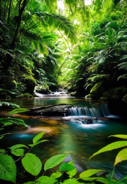 il vivace baldacchino verde di una densa foresta pluviale tropicale con carta da parati paesaggistica cascata