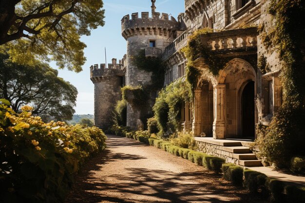 Foto illustrazione di un bellissimo castello in mezzo al fogliame