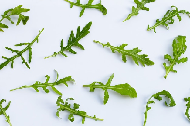 Foto insalata di rucola verde fresca su priorità bassa bianca.