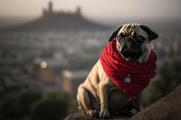 L'elegante Pug ammira la splendida vista della città dall'intelligenza artificiale generativa del pesce persico in cima alla collina