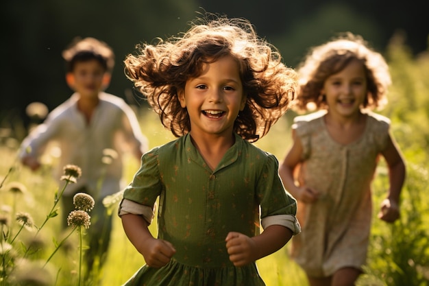 L'erba verde lussureggiante al sole con i bambini allegri