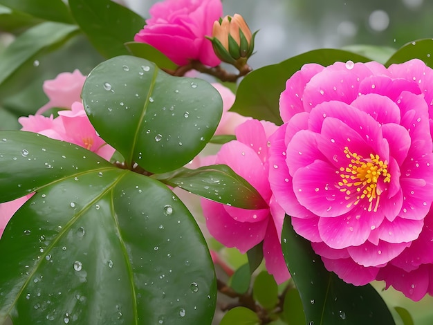 La camelia rosa fiorisce dopo la pioggia