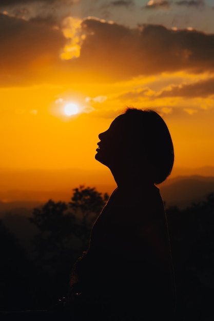 La giovane donna della siluetta sta esaminando il tramonto.