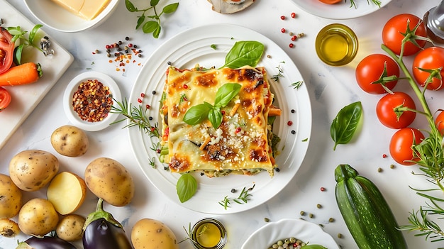 Foto lasagna affilata su un piatto con verdure ed erbe