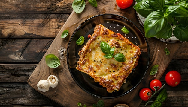 Foto lasagna classica con salsa bolognese su piatto su tavolo di legno