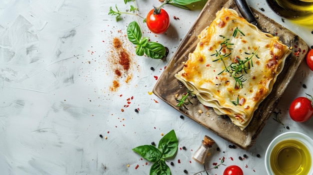 Foto lasagna italiana su una tavola rustica con pomodori ed erbe