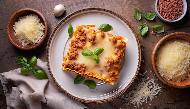 Foto lasagne di pomodoro e carne macinata a strati tra fogli di pasta tradizionale italiana servite