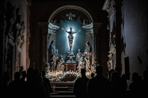 Maestosa chiesa illuminata durante la cerimonia di Pasqua IA generativa