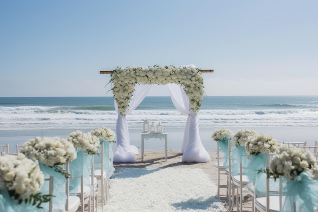 Matrimonio al mare amore spiaggia dorata pizzo emozione generativa IA