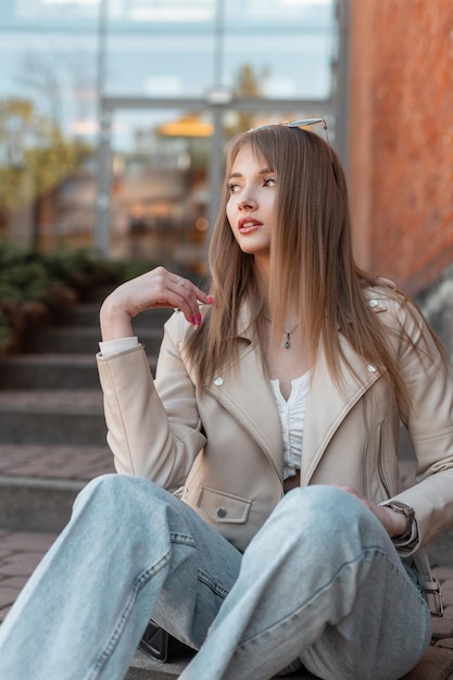 Modello di bella giovane donna alla moda alla moda in abiti casual alla moda con una giacca di pelle e jeans vintage si siede sui gradini vicino a un moderno centro commerciale in mattoni rossi