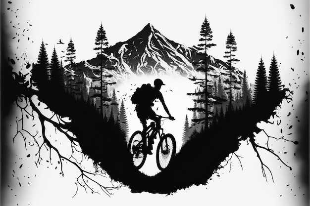 Foto mountain biker in bianco e nero con paesaggio montano a doppia esposizione