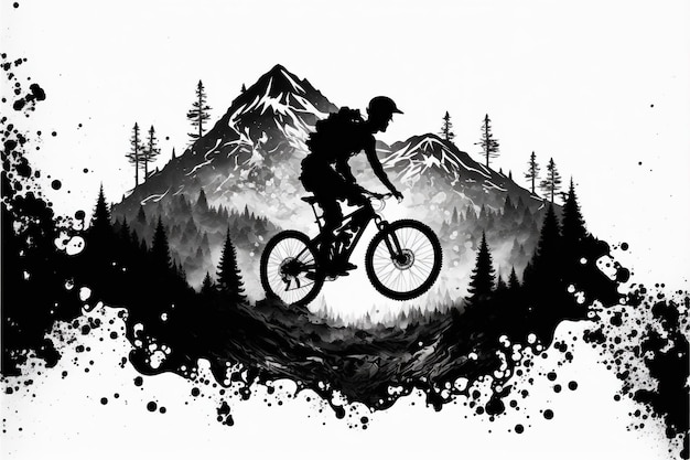 Foto mountain biker in bianco e nero con paesaggio montano a doppia esposizione