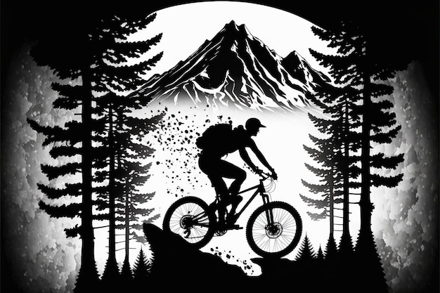 Foto mountain biker in bianco e nero con paesaggio montano a doppia esposizione