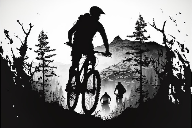 Foto mountain biker in bianco e nero con paesaggio montano a doppia esposizione