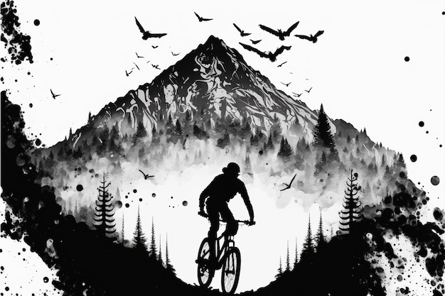 Foto mountain biker in bianco e nero con paesaggio montano a doppia esposizione