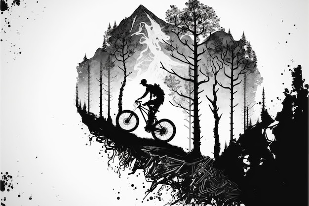 Foto mountain biker in bianco e nero con paesaggio montano a doppia esposizione