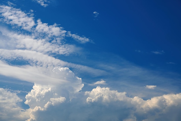 Nubi di cumuli si innalzano all'orizzonte Cielo nuvoloso e azzurro Cielo estivo con nuvole bianche e ricci Cielo e infinito