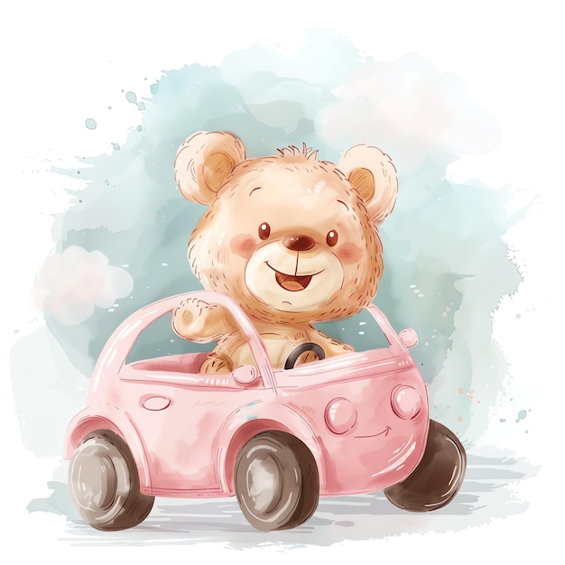 Orso di peluche in auto rosa illustrazione acquerello carino nursery