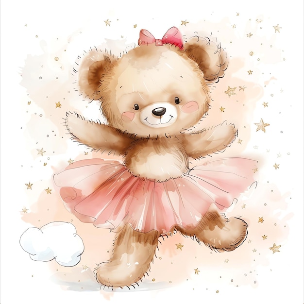 orso di peluche in tutu rosa illustrataion carino nursery acquerello