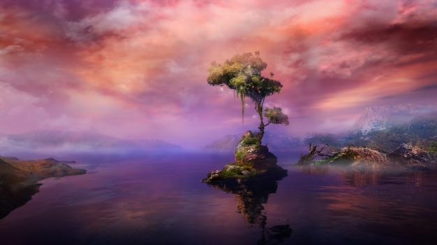 Paesaggio magico con un albero su un'isola di lago di montagna d render