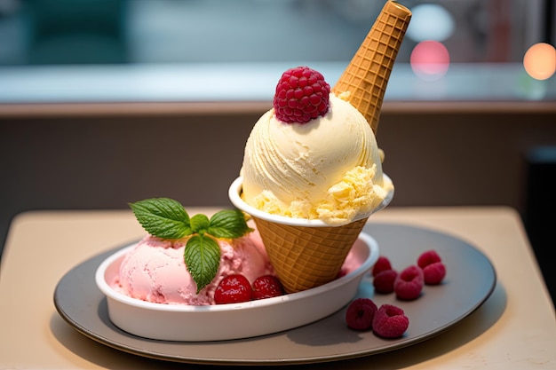 Palline di gelato alla vaniglia generosamente servite in un cono croccante