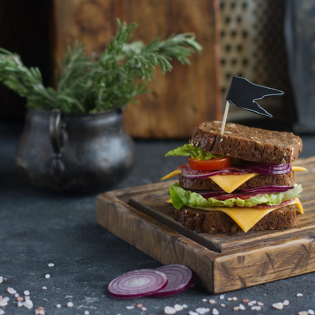 Panino gustoso a base di pane, pomodori, salsiccia, cipolla e lattuga su tavola di pietra scura