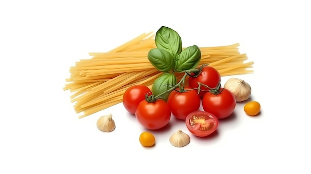 pasta italiana con pomodoro e basilico isolato su sfondo bianco