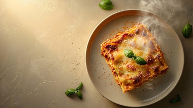 Foto piatto di lasagna calda al vapore su sfondo di crema con ampio spazio per la copia