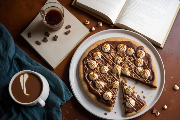 Pizza al caramello al burro di arachidi al cioccolato condita con panna montata